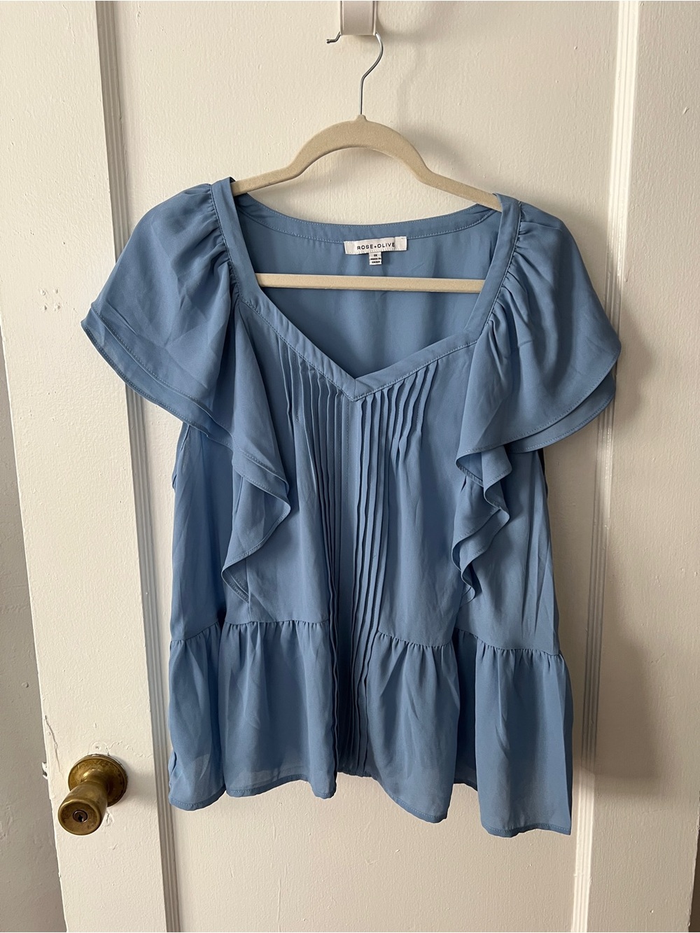 Rose & Olive Light Blue Ruffle Pintuck V-Neck Blouse